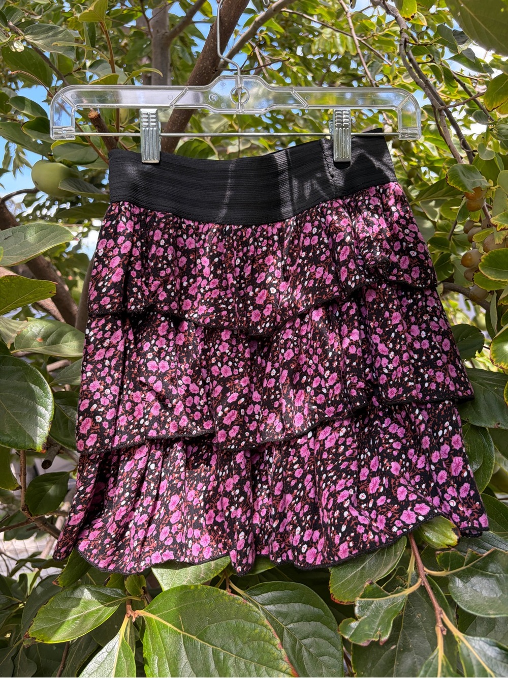 Tiered Mini Skirt with Black Waistband in Pink Floral